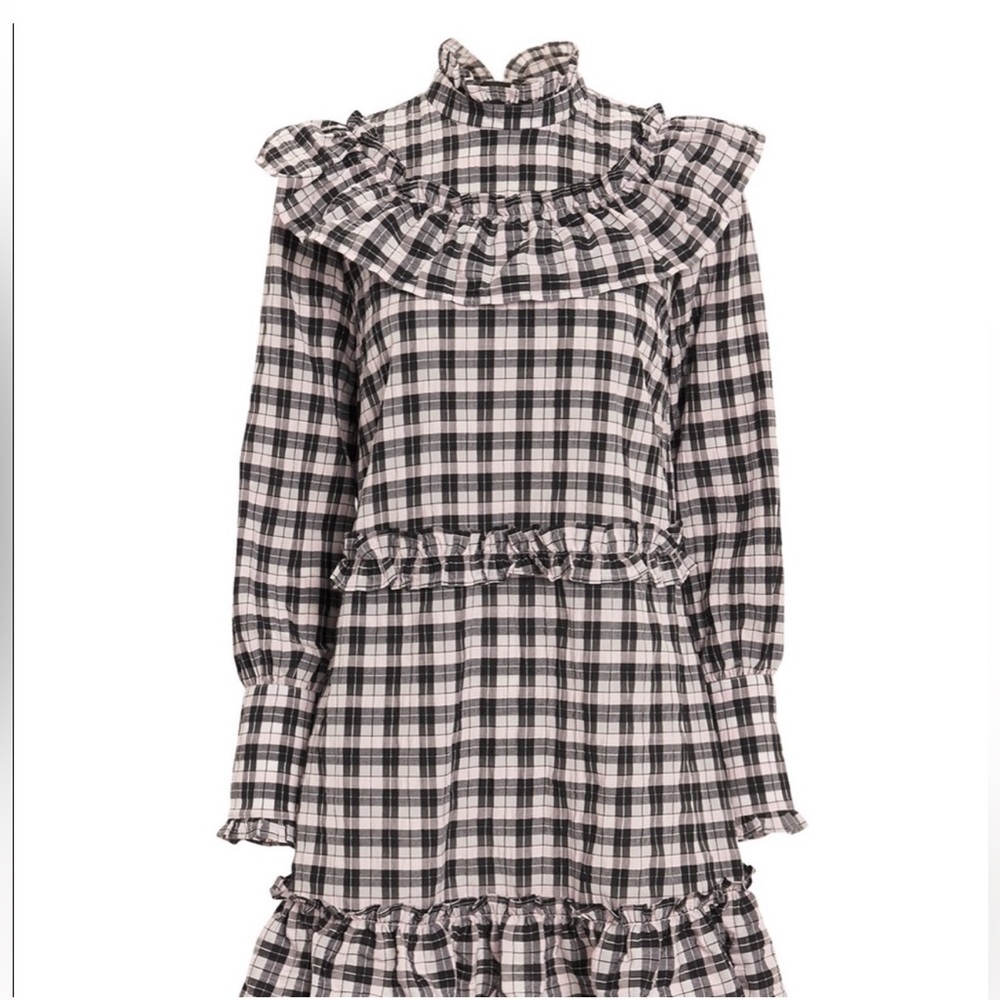 Ganni Charron Pink Check Plaid Seersucker Ruffle Mock Neck Mini Dress Size‎ 36